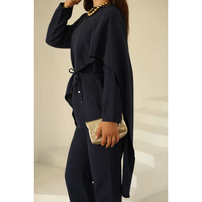 Şal Detay Pantolonlu Keten Takım Lacivert