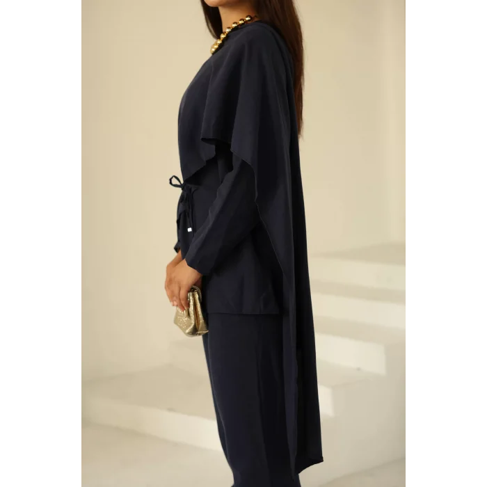 Şal Detay Pantolonlu Keten Takım Lacivert