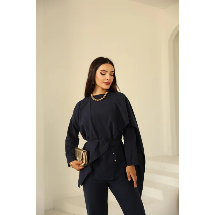 Şal Detay Pantolonlu Keten Takım Lacivert