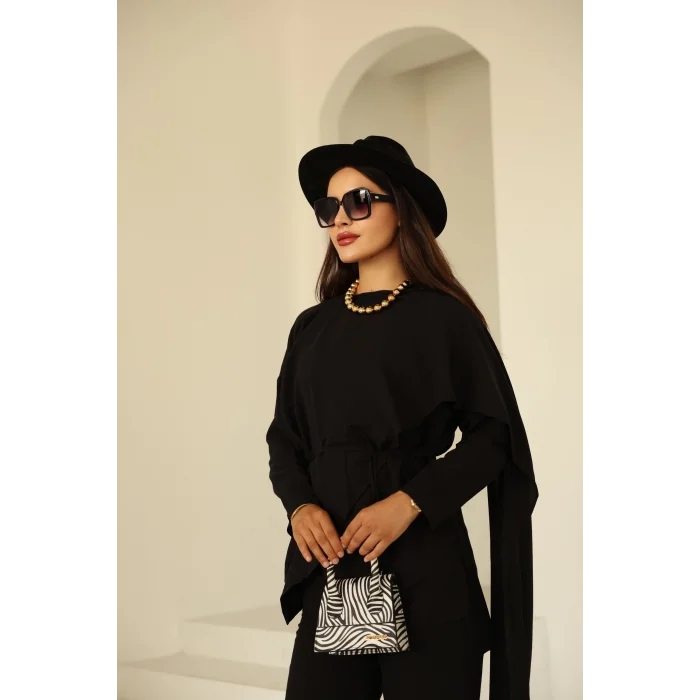 Şal Detay Pantolonlu Keten Takım Siyah