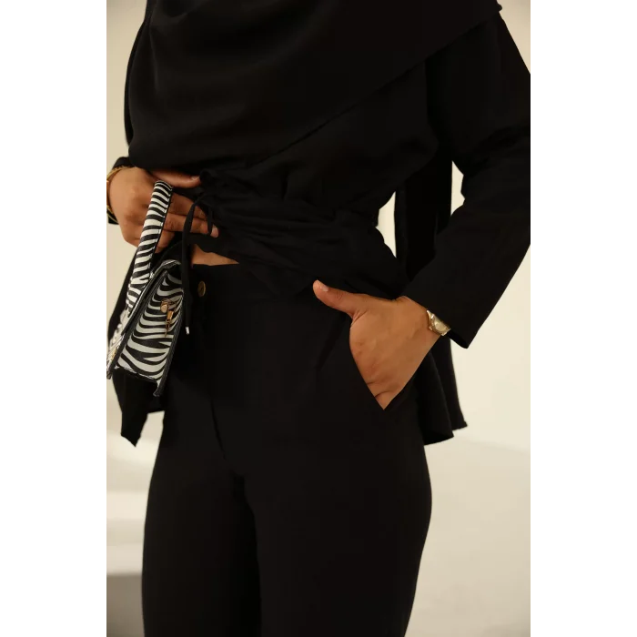 Şal Detay Pantolonlu Keten Takım Siyah