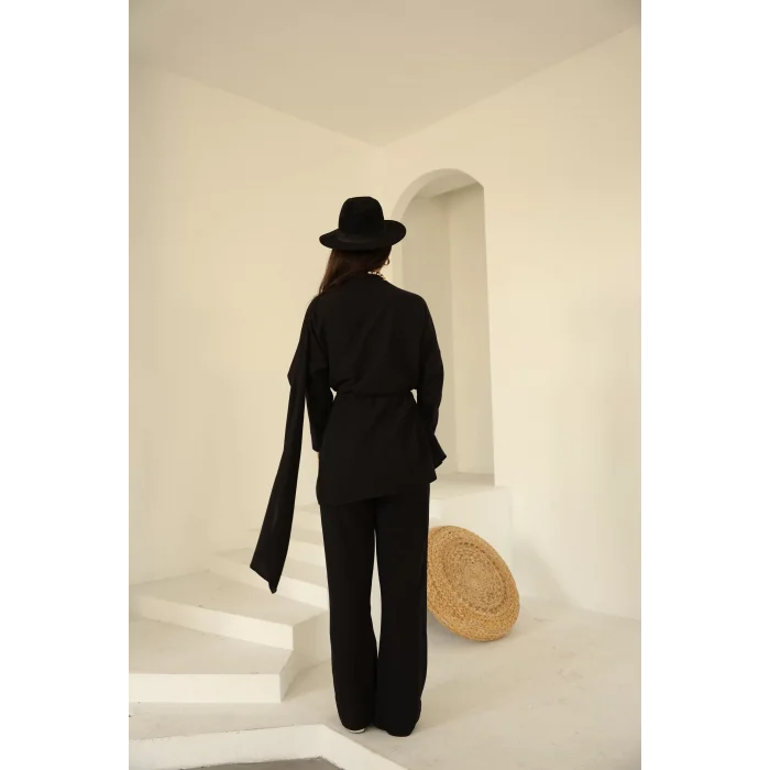 Şal Detay Pantolonlu Keten Takım Siyah
