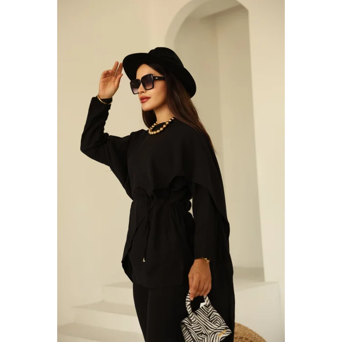 Şal Detay Pantolonlu Keten Takım Siyah