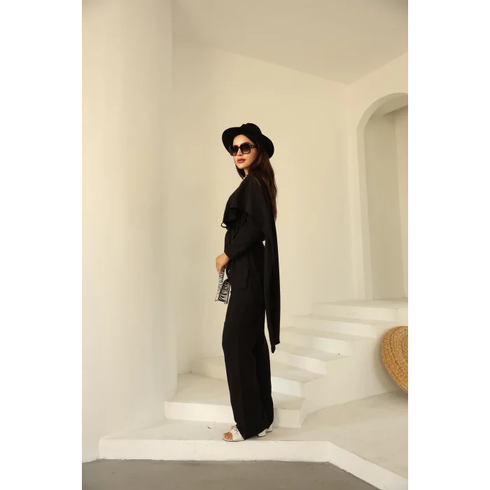 Şal Detay Pantolonlu Keten Takım Siyah