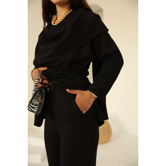 Şal Detay Pantolonlu Keten Takım Siyah