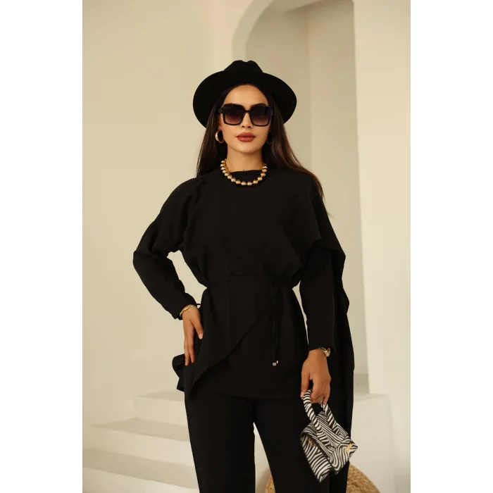 Şal Detay Pantolonlu Keten Takım Siyah