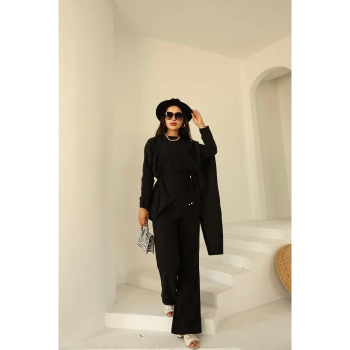Şal Detay Pantolonlu Keten Takım Siyah