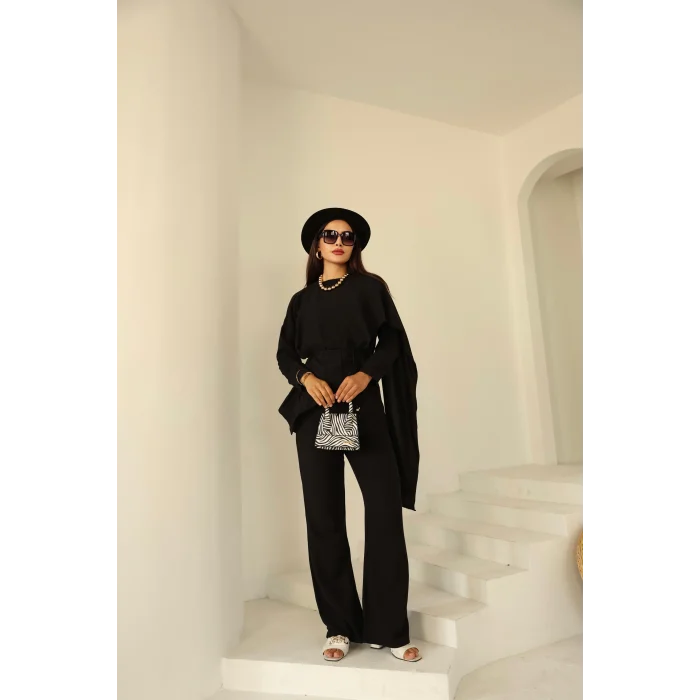 Şal Detay Pantolonlu Keten Takım Siyah