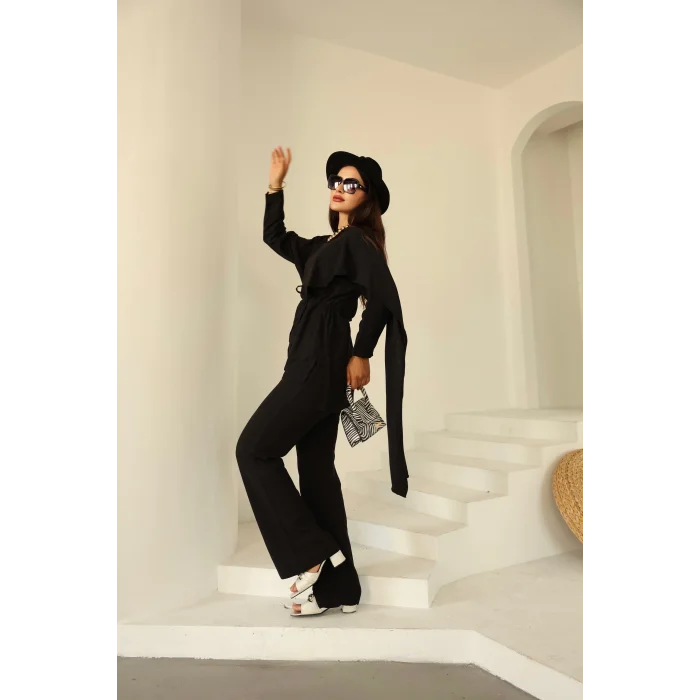 Şal Detay Pantolonlu Keten Takım Siyah