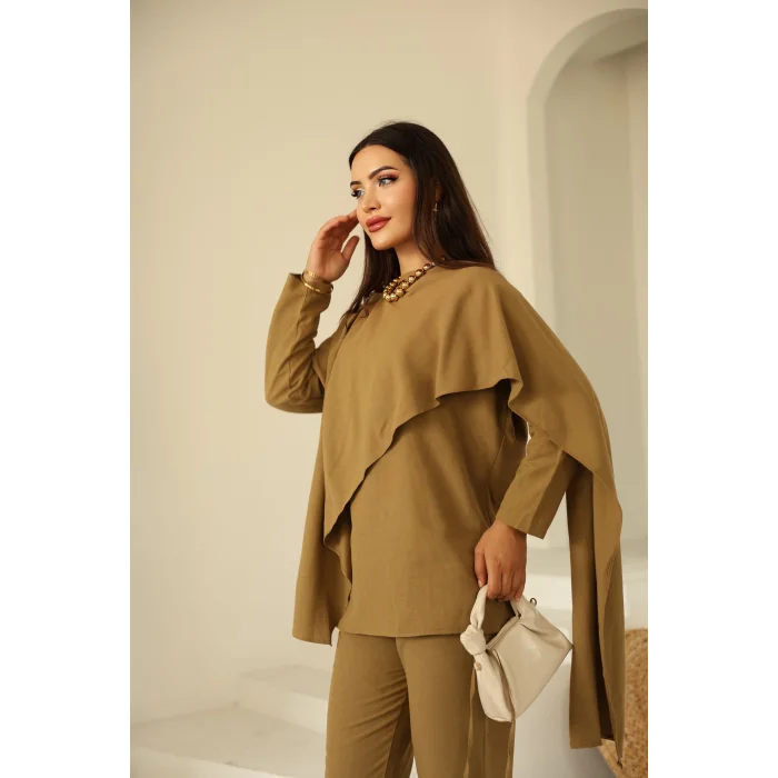 Şal Detay Pantolonlu Keten Takım Vizon