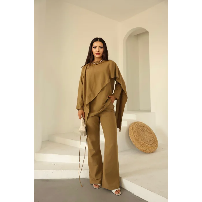 Şal Detay Pantolonlu Keten Takım Vizon