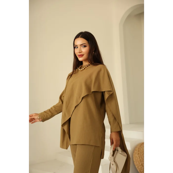 Şal Detay Pantolonlu Keten Takım Vizon