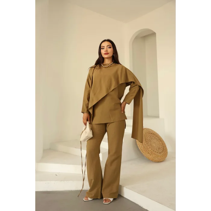 Şal Detay Pantolonlu Keten Takım Vizon
