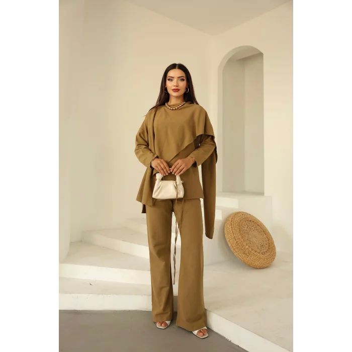 Şal Detay Pantolonlu Keten Takım Vizon