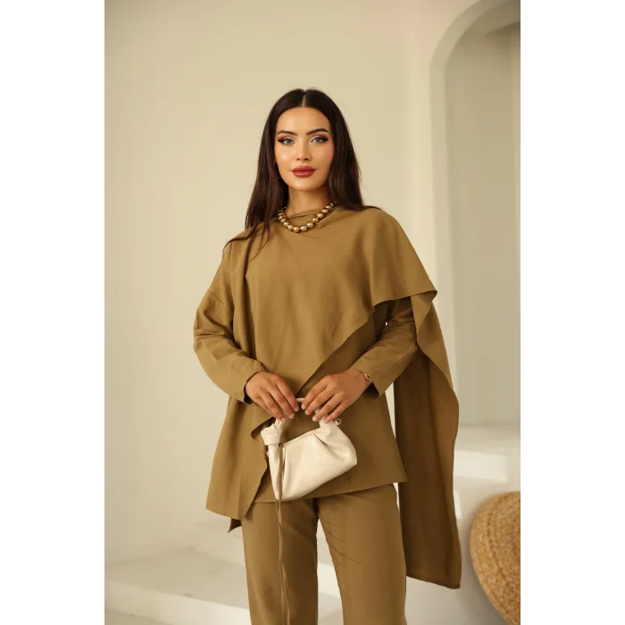 Şal Detay Pantolonlu Keten Takım Vizon