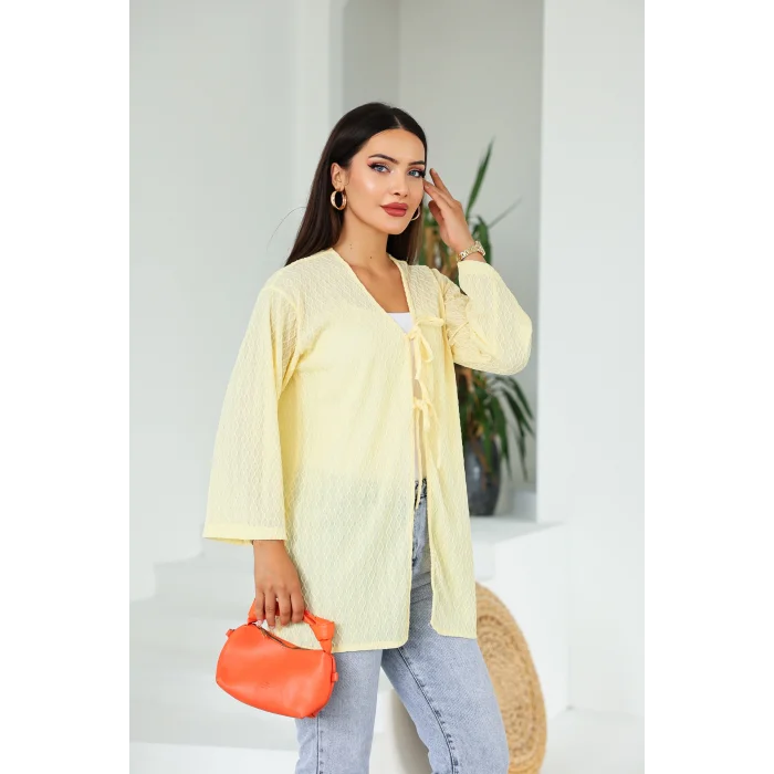 Sarmal Desen Uzun Kimono Limon