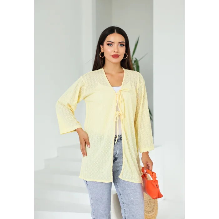 Sarmal Desen Uzun Kimono Limon