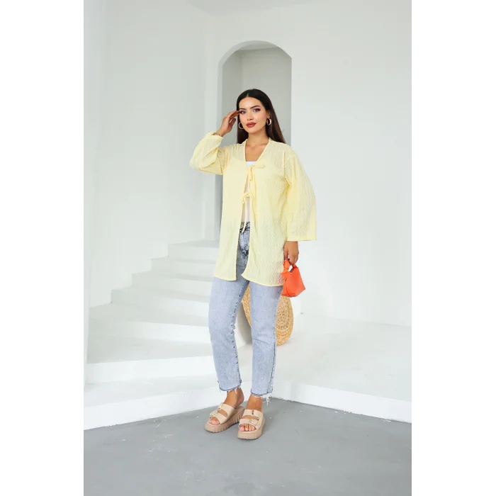 Sarmal Desen Uzun Kimono Limon