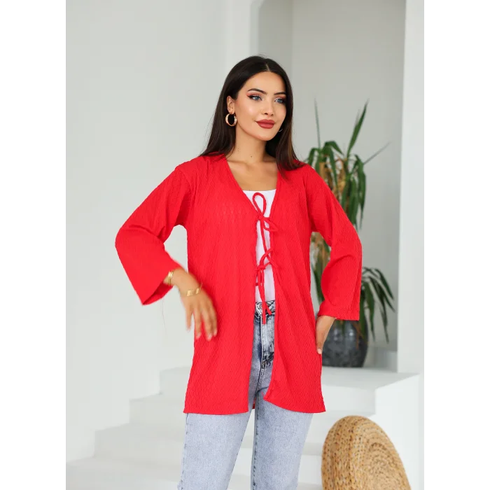 Sarmal Desen Uzun Kimono Kırmızı