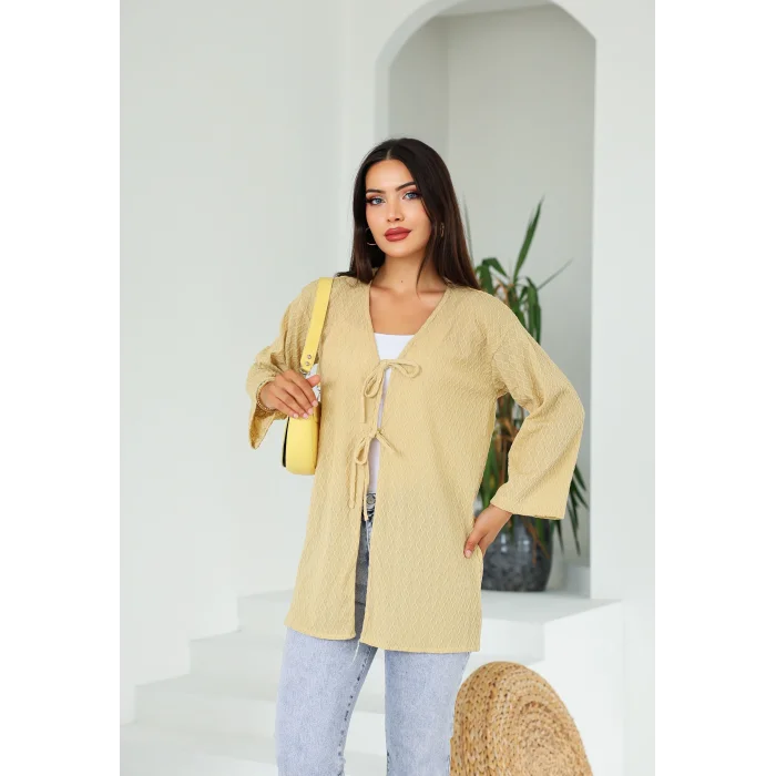 Sarmal Desen Uzun Kimono Camel