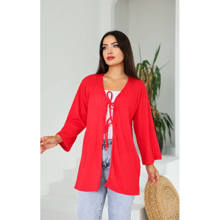 Sarmal Desen Uzun Kimono Kırmızı