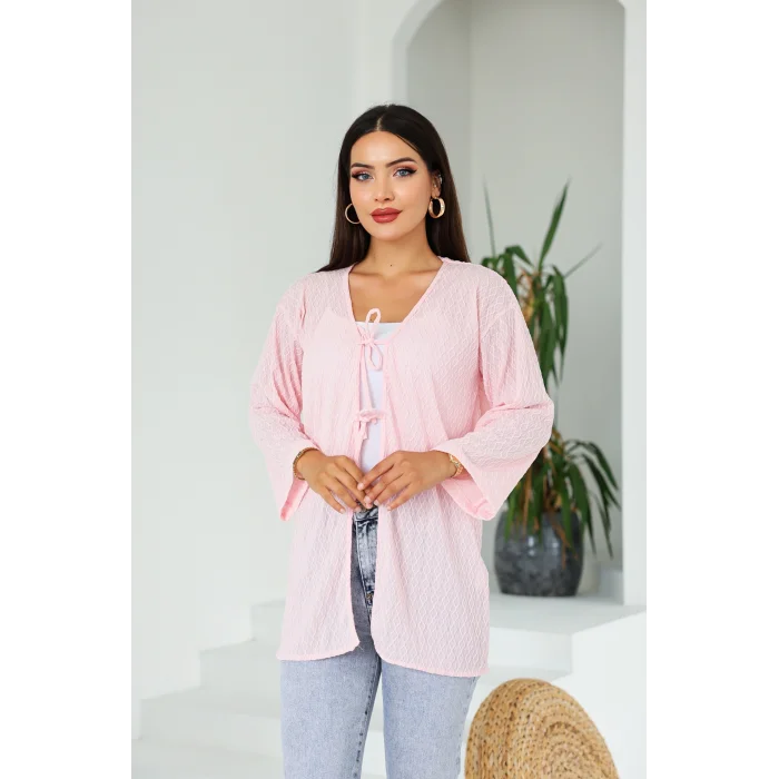 Sarmal Desen Uzun Kimono Pembe