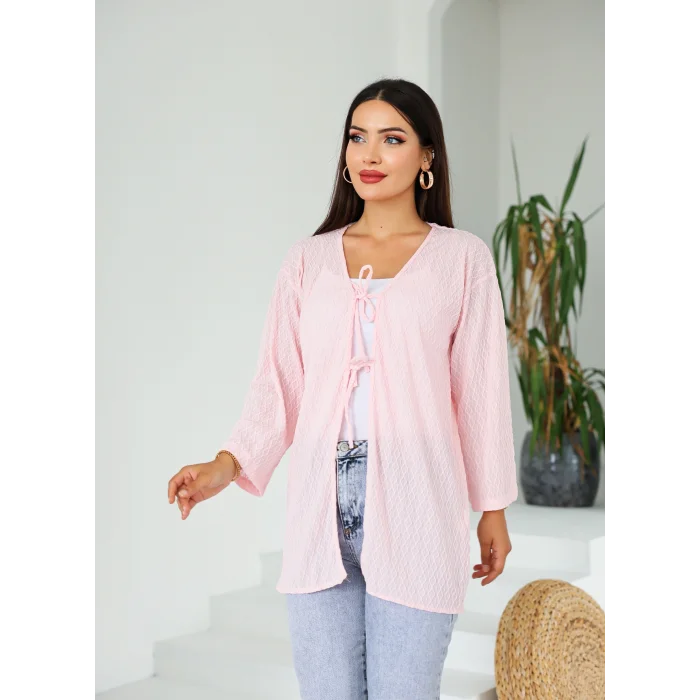 Sarmal Desen Uzun Kimono Pembe