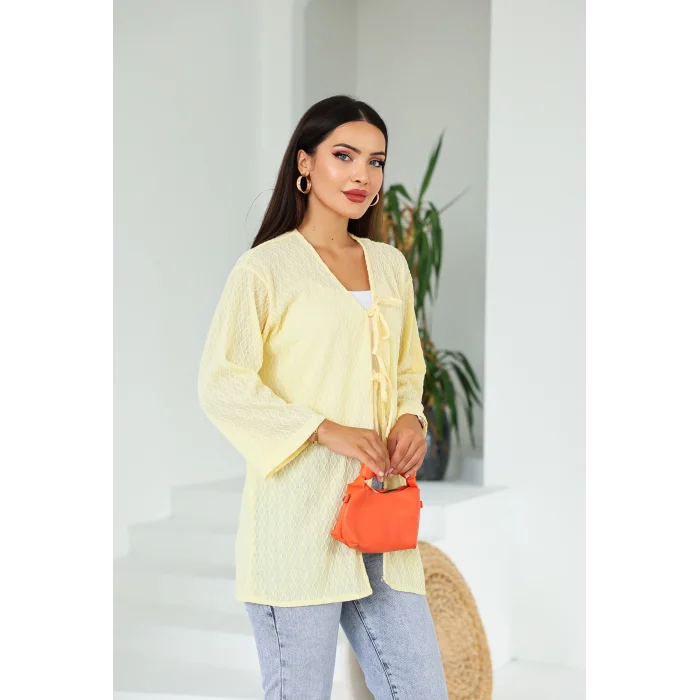 Sarmal Desen Uzun Kimono Limon