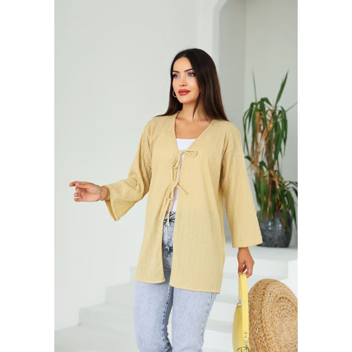 Sarmal Desen Uzun Kimono Camel