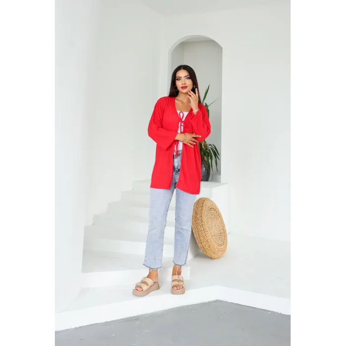 Sarmal Desen Uzun Kimono Kırmızı