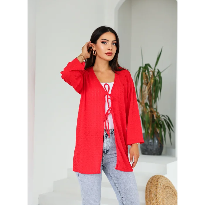 Sarmal Desen Uzun Kimono Kırmızı