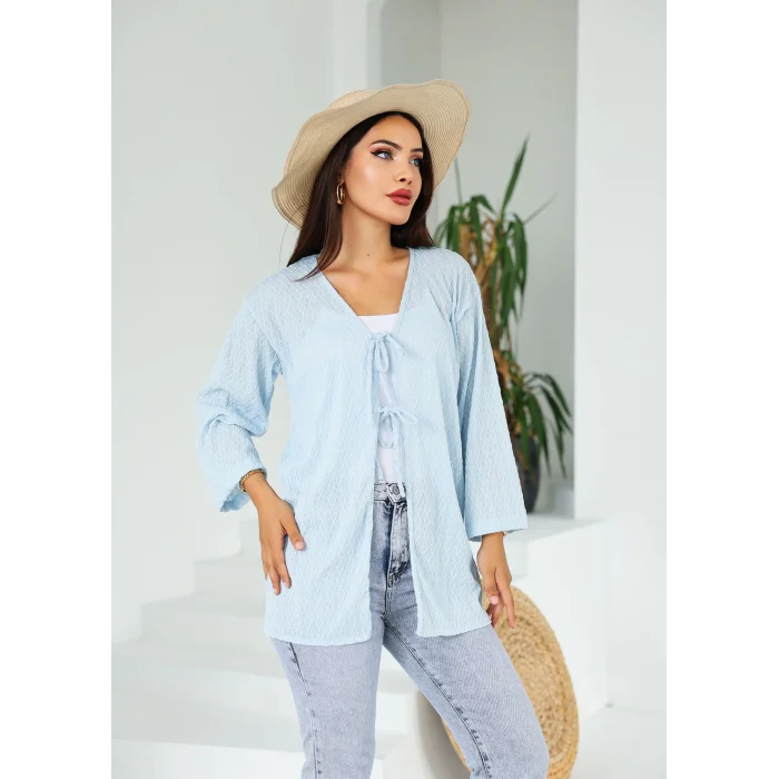 Sarmal Desen Uzun Kimono Mavi