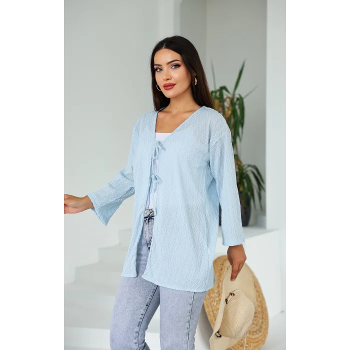 Sarmal Desen Uzun Kimono Mavi