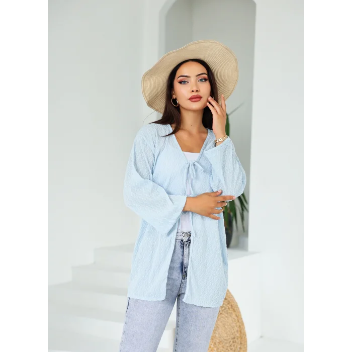 Sarmal Desen Uzun Kimono Mavi