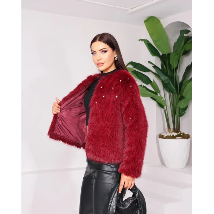 Taş Detaylı Lolita Kürk Bordo