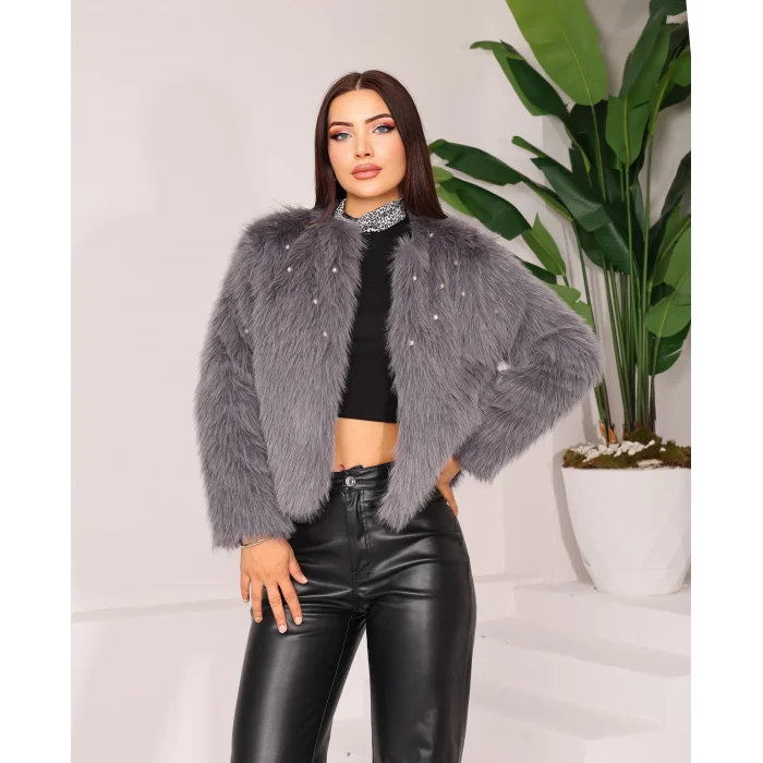 Taş Detaylı Lolita Kürk Gri