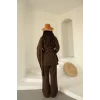Şal Detay Pantolonlu Keten Takım Acı Kahve