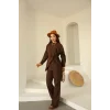 Şal Detay Pantolonlu Keten Takım Acı Kahve
