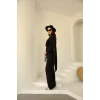 Şal Detay Pantolonlu Keten Takım Siyah