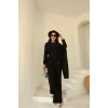 Şal Detay Pantolonlu Keten Takım Siyah