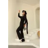 Şal Detay Pantolonlu Keten Takım Siyah