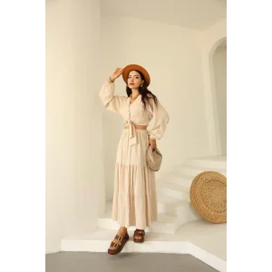 Bağlamalı Bürümcük Etek Takım Krem