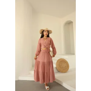 Bağlamalı Bürümcük Etek Takım Pembe