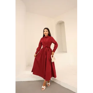 Belden Bağlamalı Dakron Elbise Bordo