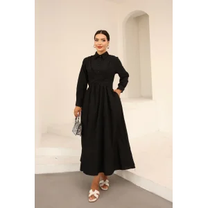 Belden Bağlamalı Dakron Elbise Siyah