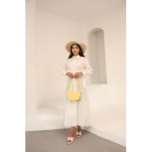 Belden Bağlamalı Dakron Elbise Ekru