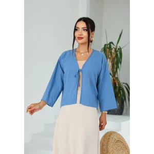 Keten Kısa Kimono Mavi