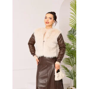 Kolu Cep Detaylı Deri&Kürk Ceket Krem