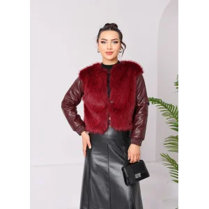 Kolu Cep Detaylı Deri&kürk Ceket Bordo