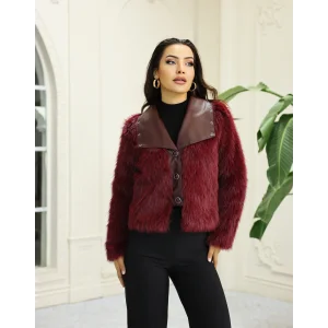 Kuşgözü Detaylı Geniş Yaka Deri&Kürk Bordo